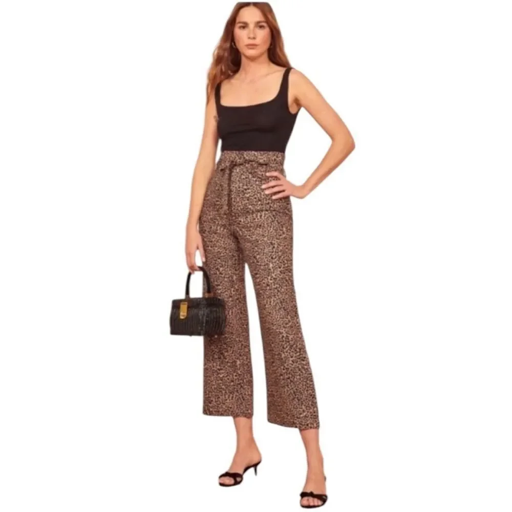 Reformation Women’s Linen Wide Leg Animal Print Trousers with Tie Waist sz 0